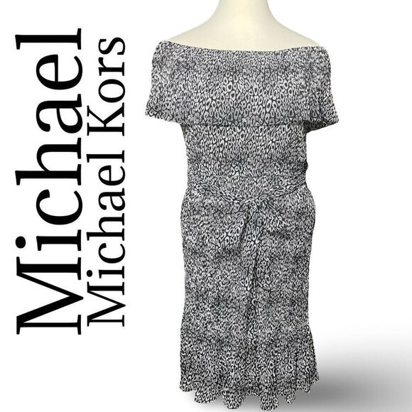 MICHAEL KORS Pleated, Off-The-Shoulder Dress, Animal Print, Tie Belt, Size 2X - Picture 1 of 11